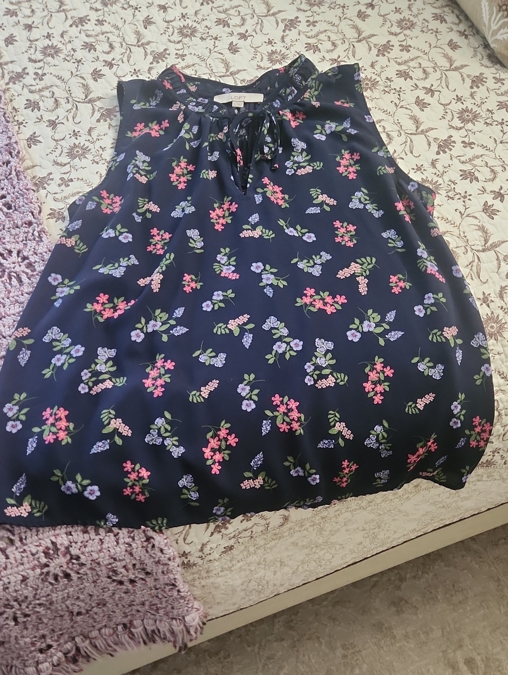 LOFT Navy Floral Tie-Neck Sleeveless Blouse